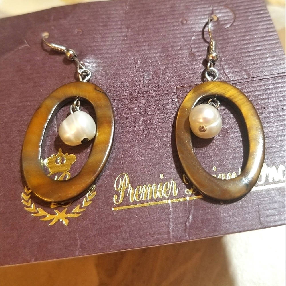 NEW Premier Designs Tiger's Eye & Biwa Pearl Dangle Earrings